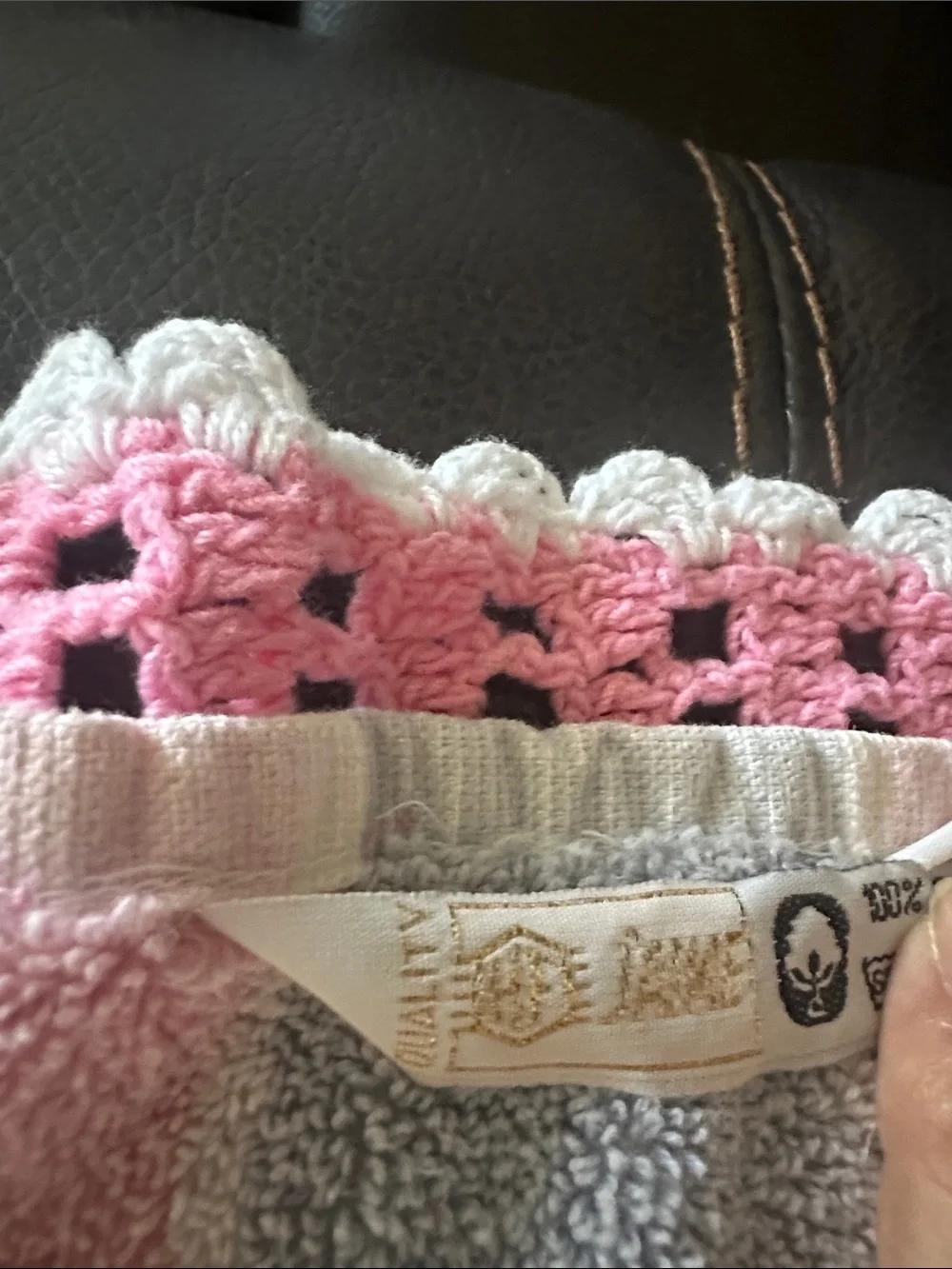 Pink and Gray Check Crochet-Trim Hand Towel
